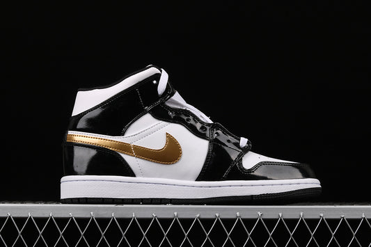 Jordan 1 Mid Patent Black White Gold
